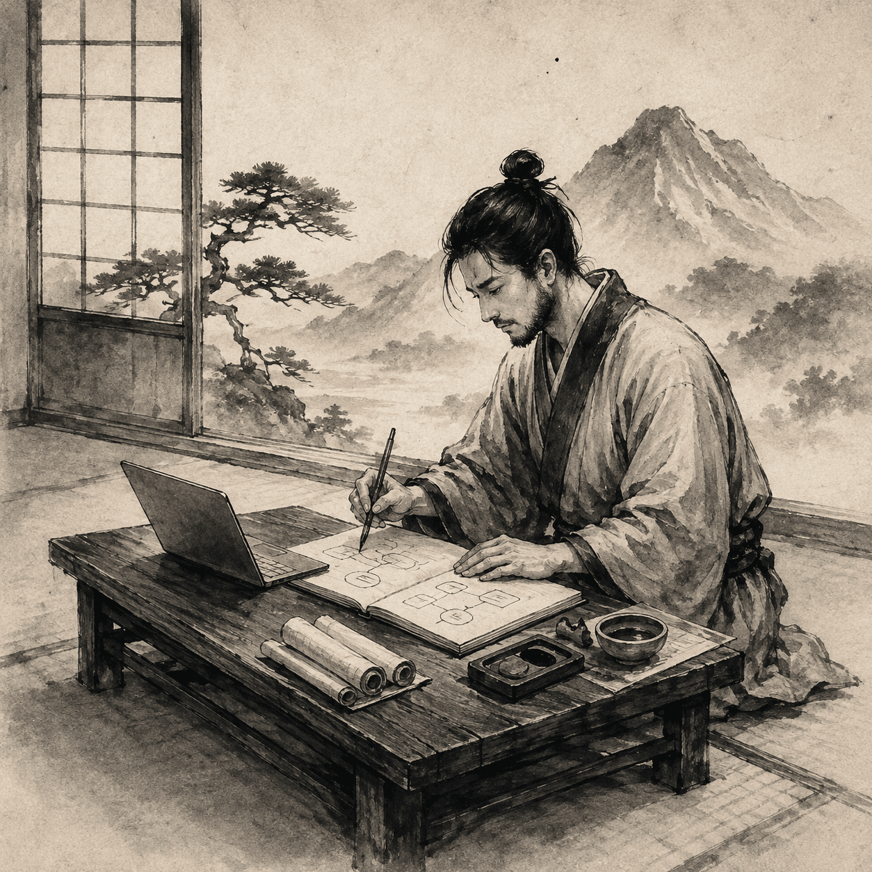 Contemporary Japanese sumi-e style portrait illustration of Neeraj Pandey